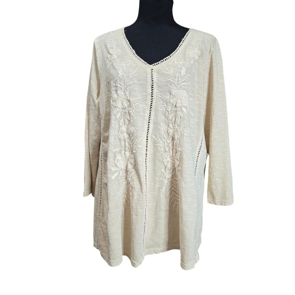 Karyn Seo Tan Embroidered Boho Tunic Top Sz XL